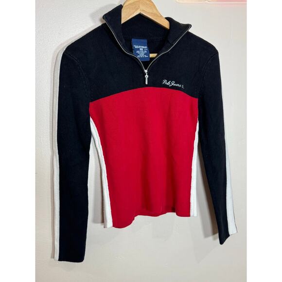 VTG 90s Y2K Rib Knit 3/4 Zip 100% Cotton Polo Jean Co Red Black White Medium - Picture 1 of 8